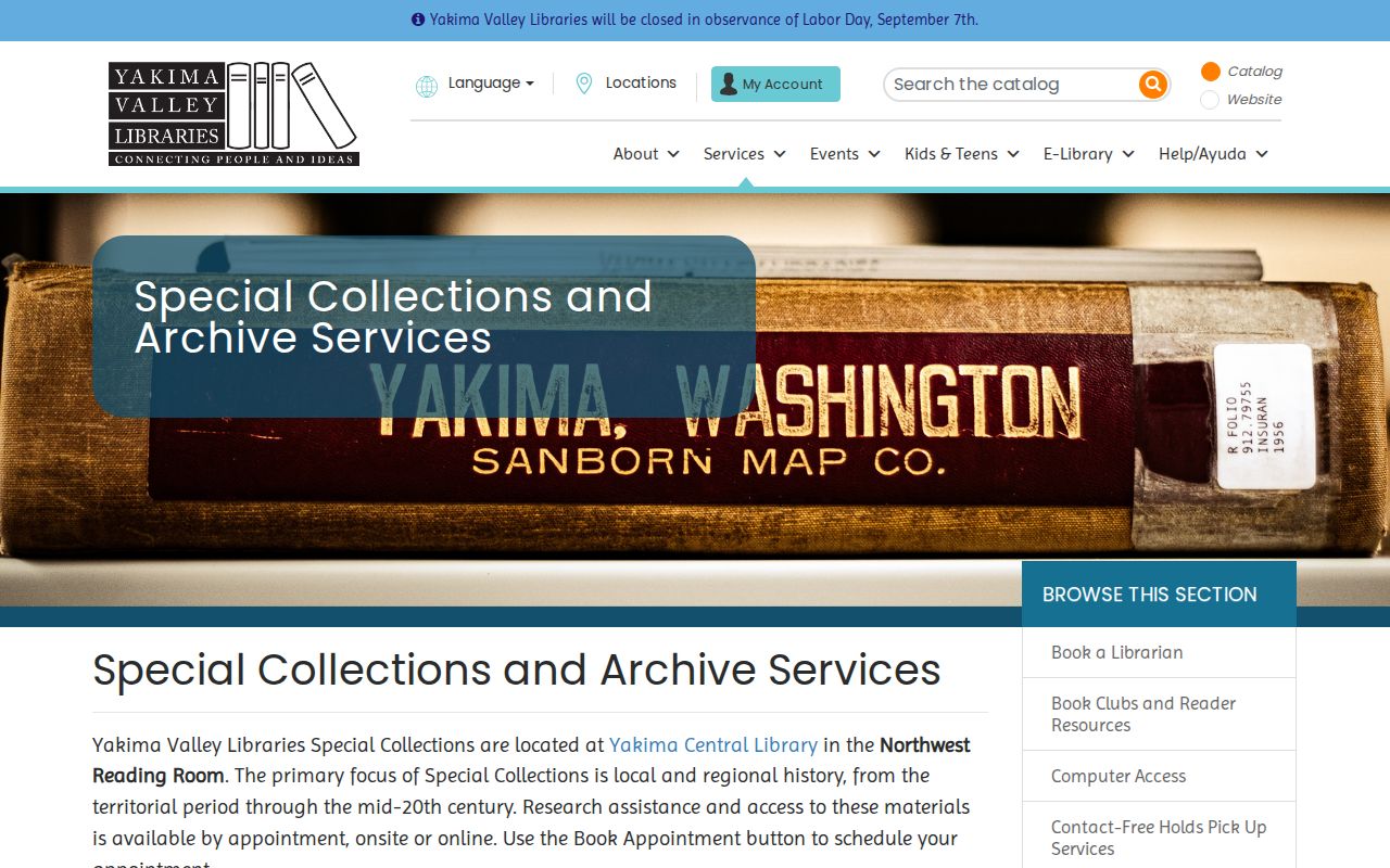 Yakima Valley Libraries Special Collections and archive services page